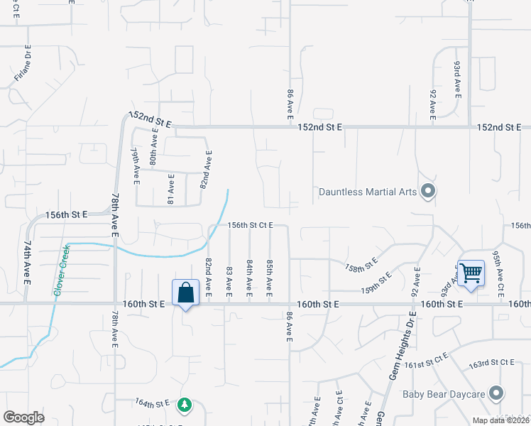 map of restaurants, bars, coffee shops, grocery stores, and more near 8408 155th Street Court East in Puyallup