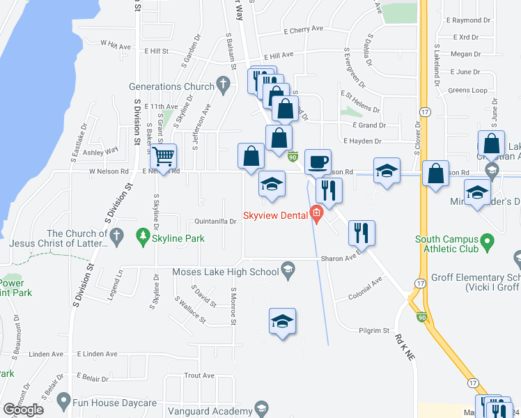 map of restaurants, bars, coffee shops, grocery stores, and more near 1341 Shaker Place in Moses Lake