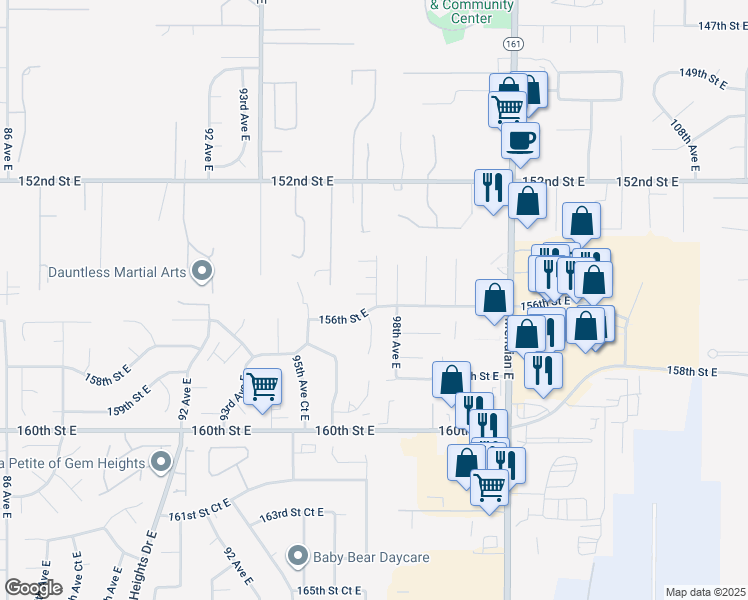 map of restaurants, bars, coffee shops, grocery stores, and more near 9122 97th Avenue Court East in South Hill