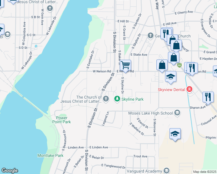 map of restaurants, bars, coffee shops, grocery stores, and more near 102 East Mizzou Court in Moses Lake