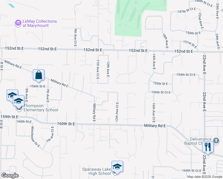 map of restaurants, bars, coffee shops, grocery stores, and more near 1129 156th Street Court East in Tacoma