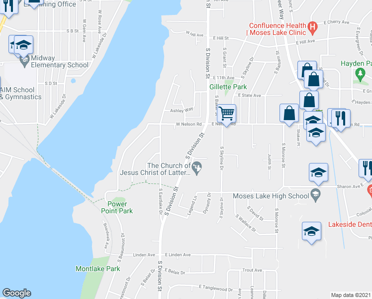 map of restaurants, bars, coffee shops, grocery stores, and more near 1406 South Division Street in Moses Lake