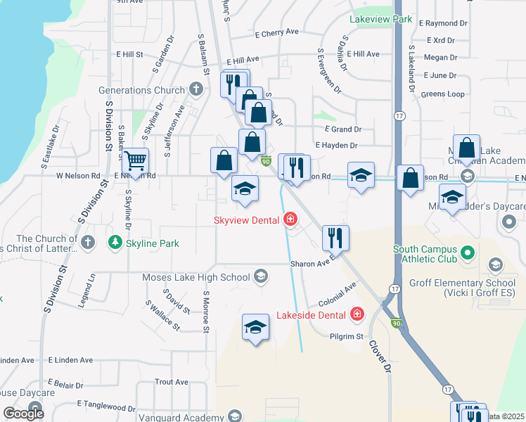 map of restaurants, bars, coffee shops, grocery stores, and more near 707 East Nelson Road in Moses Lake