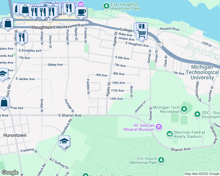 map of restaurants, bars, coffee shops, grocery stores, and more near 1002 11th Avenue in Houghton