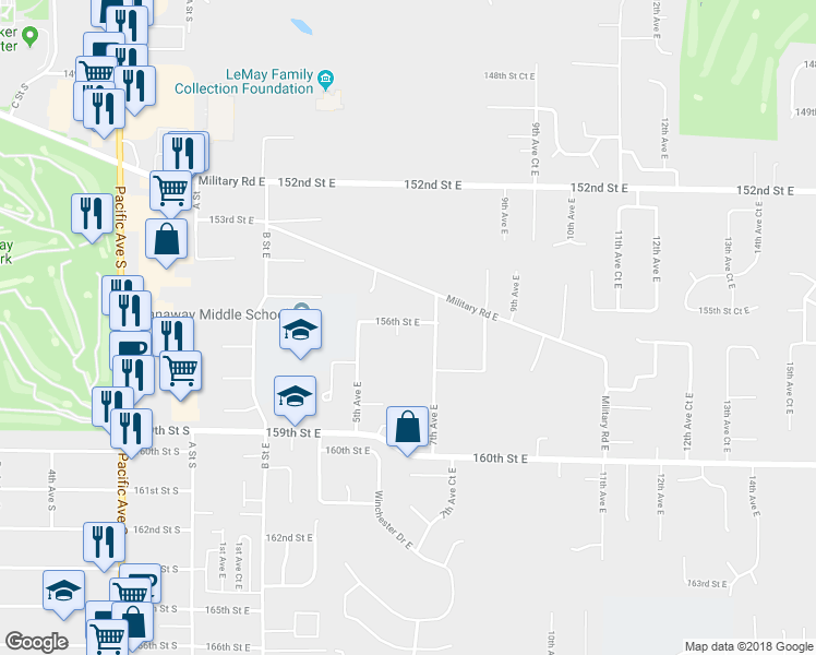 map of restaurants, bars, coffee shops, grocery stores, and more near 606 156th Street East in Tacoma