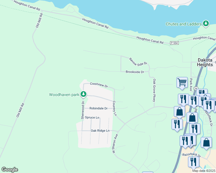 map of restaurants, bars, coffee shops, grocery stores, and more near Crestview Drive in Houghton