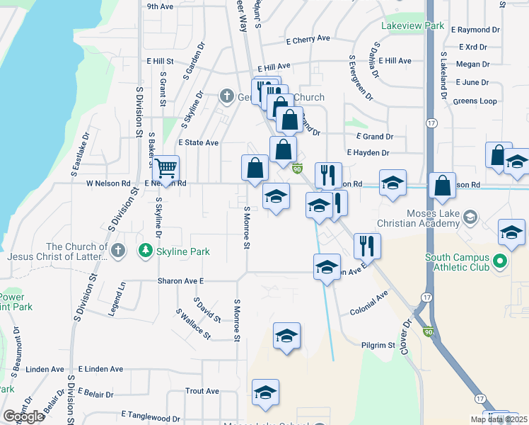 map of restaurants, bars, coffee shops, grocery stores, and more near 1341 Shaker Place in Moses Lake
