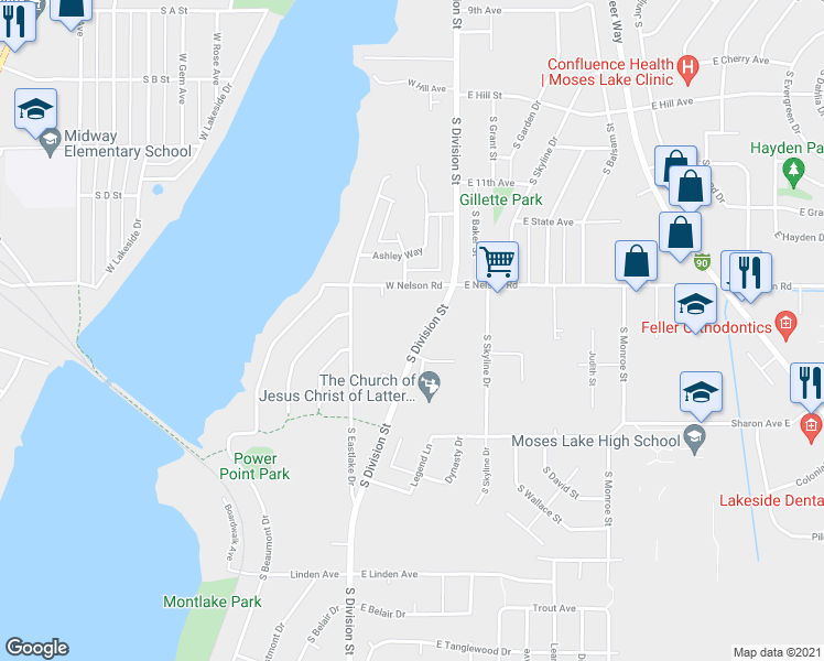 map of restaurants, bars, coffee shops, grocery stores, and more near 102 East Mizzou Court in Moses Lake