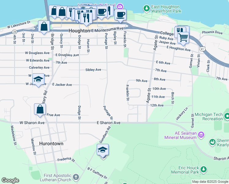 map of restaurants, bars, coffee shops, grocery stores, and more near 901-909 Portage St in Houghton