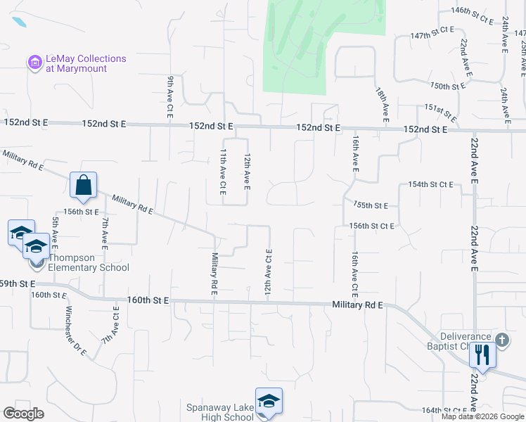 map of restaurants, bars, coffee shops, grocery stores, and more near 1129 156th Street Court East in Tacoma