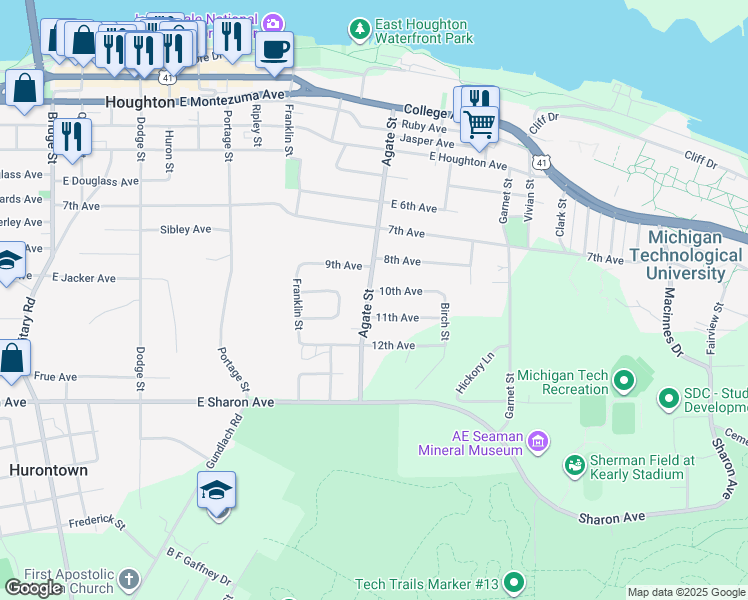 map of restaurants, bars, coffee shops, grocery stores, and more near 1100 Agate Street in Houghton