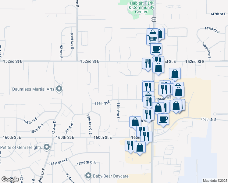 map of restaurants, bars, coffee shops, grocery stores, and more near 9122 97th Avenue Court East in South Hill