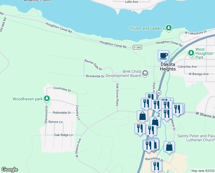 map of restaurants, bars, coffee shops, grocery stores, and more near 744-898 Oak Grove Parkway in Houghton