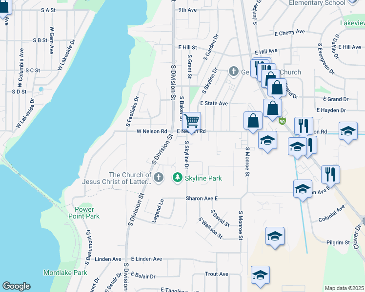 map of restaurants, bars, coffee shops, grocery stores, and more near 1424 South Skyline Drive in Moses Lake