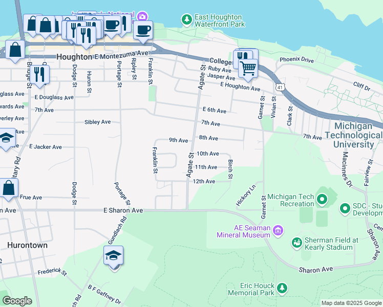map of restaurants, bars, coffee shops, grocery stores, and more near 1100 Agate Street in Houghton