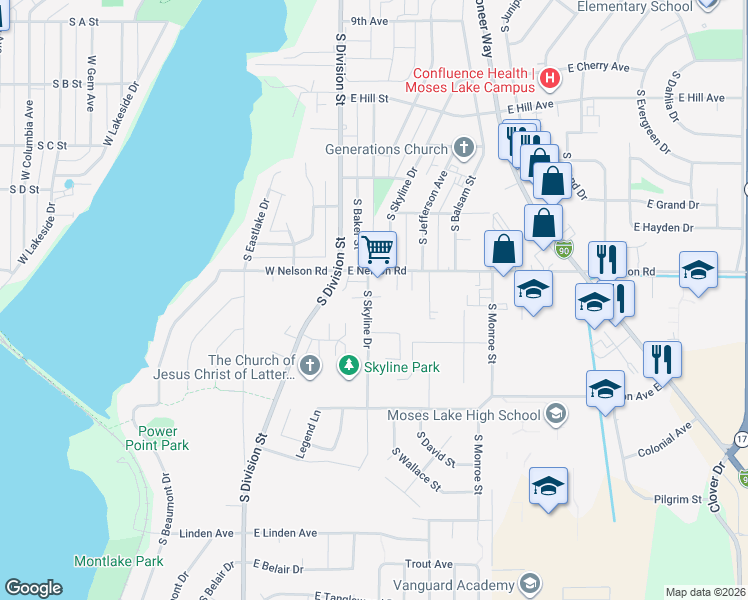 map of restaurants, bars, coffee shops, grocery stores, and more near 1403 South Skyline Drive in Moses Lake