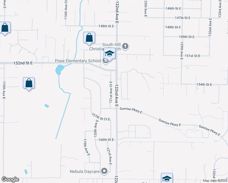 map of restaurants, bars, coffee shops, grocery stores, and more near 15512 122nd Avenue Court East in South Hill
