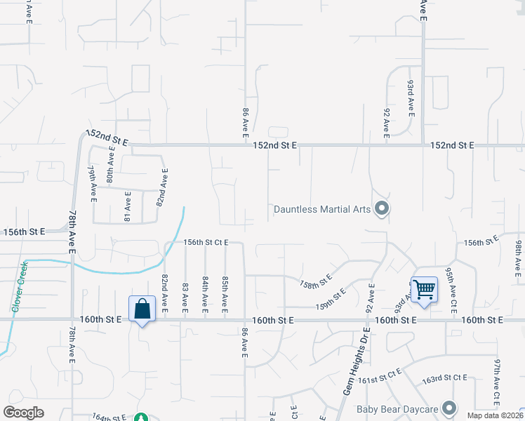map of restaurants, bars, coffee shops, grocery stores, and more near 15521 86th Avenue East in Puyallup