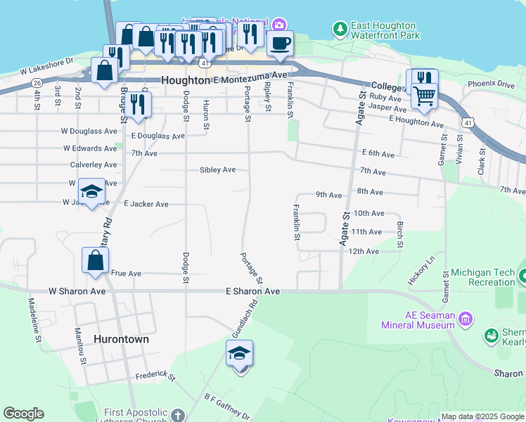 map of restaurants, bars, coffee shops, grocery stores, and more near 903 Portage Street in Houghton