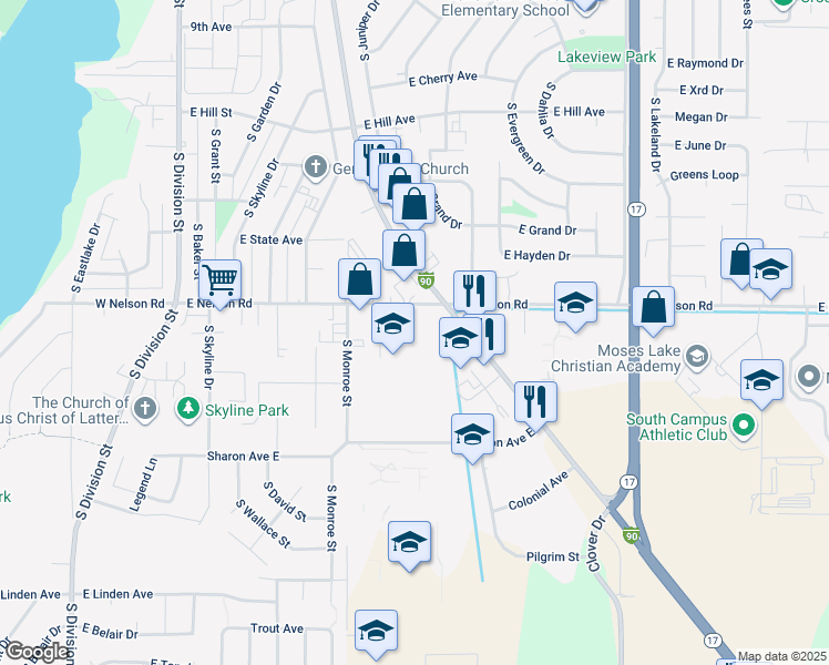 map of restaurants, bars, coffee shops, grocery stores, and more near 707 East Nelson Road in Moses Lake