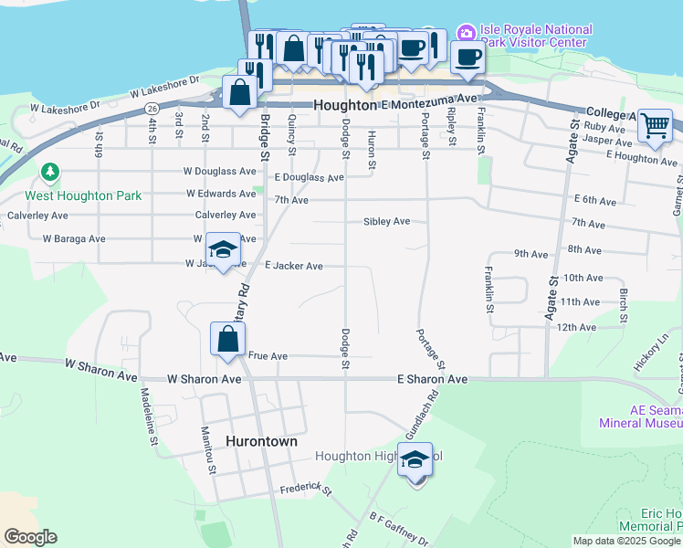 map of restaurants, bars, coffee shops, grocery stores, and more near 920 Dodge Street in Houghton