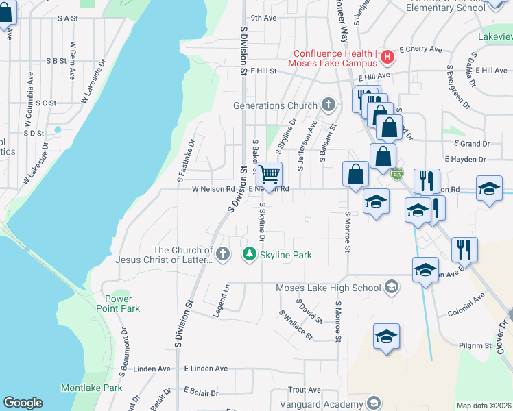 map of restaurants, bars, coffee shops, grocery stores, and more near 1306 South Skyline Drive in Moses Lake
