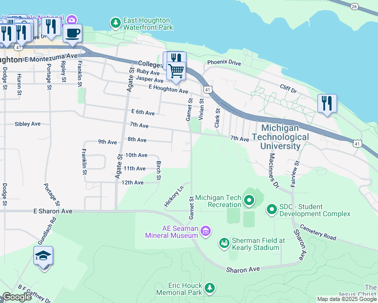 map of restaurants, bars, coffee shops, grocery stores, and more near 612 Garnet Street in Houghton