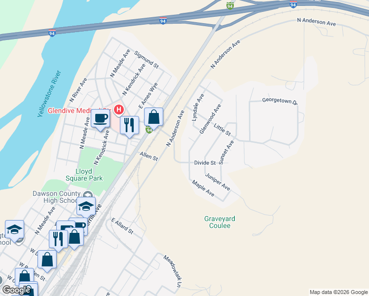 map of restaurants, bars, coffee shops, grocery stores, and more near 8 Glen Court in Glendive