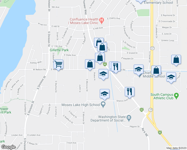 map of restaurants, bars, coffee shops, grocery stores, and more near 1312 Shaker Place in Moses Lake