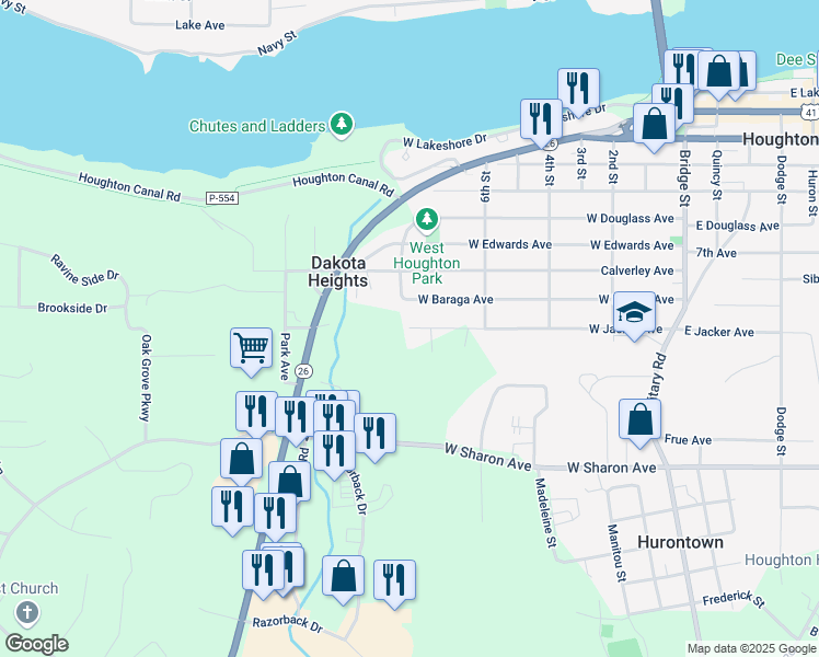 map of restaurants, bars, coffee shops, grocery stores, and more near 903 West Jacker Avenue in Houghton