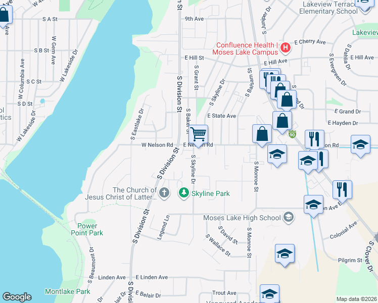 map of restaurants, bars, coffee shops, grocery stores, and more near 1306 South Skyline Drive in Moses Lake