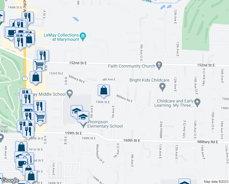 map of restaurants, bars, coffee shops, grocery stores, and more near 703 Military Road East in Tacoma
