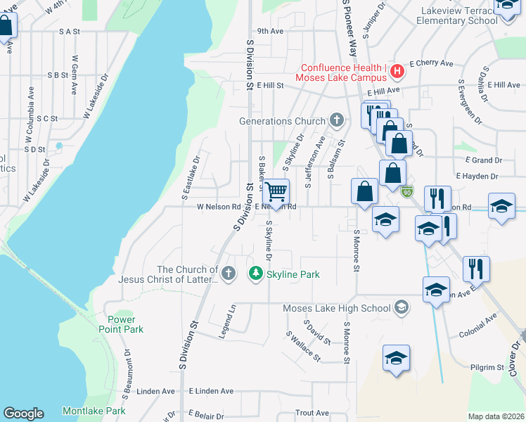 map of restaurants, bars, coffee shops, grocery stores, and more near 1306 South Skyline Drive in Moses Lake