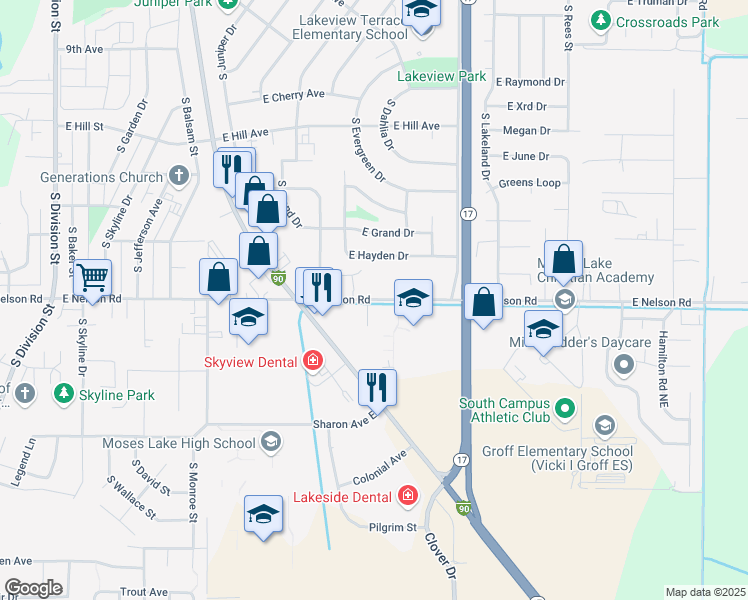 map of restaurants, bars, coffee shops, grocery stores, and more near 1111 East Nelson Road in Moses Lake
