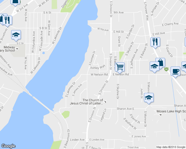 map of restaurants, bars, coffee shops, grocery stores, and more near 215 West Nelson Road in Moses Lake