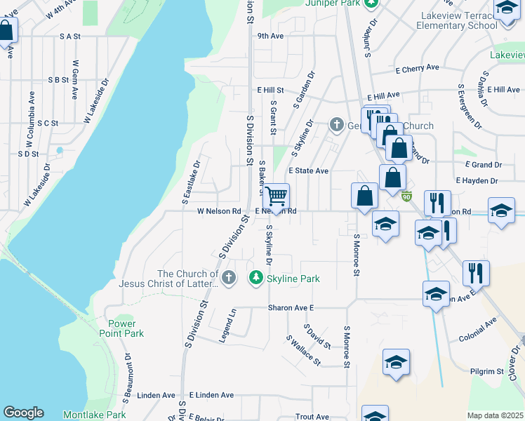 map of restaurants, bars, coffee shops, grocery stores, and more near 1100 South Baker Street in Moses Lake