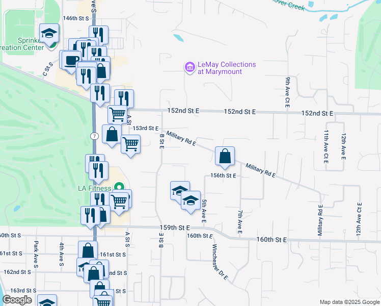 map of restaurants, bars, coffee shops, grocery stores, and more near 326 154th Street East in Tacoma