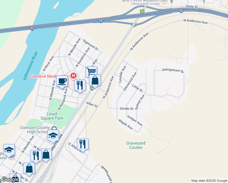 map of restaurants, bars, coffee shops, grocery stores, and more near 8 Glen Court in Glendive