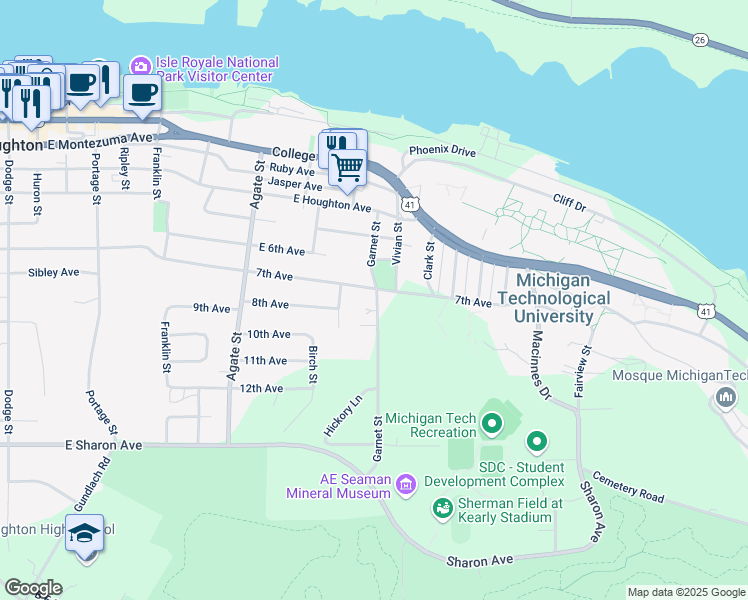map of restaurants, bars, coffee shops, grocery stores, and more near 612 Garnet Street in Houghton