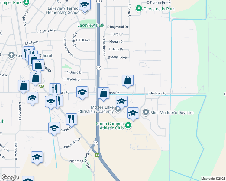 map of restaurants, bars, coffee shops, grocery stores, and more near 1350 East Nelson Road in Moses Lake