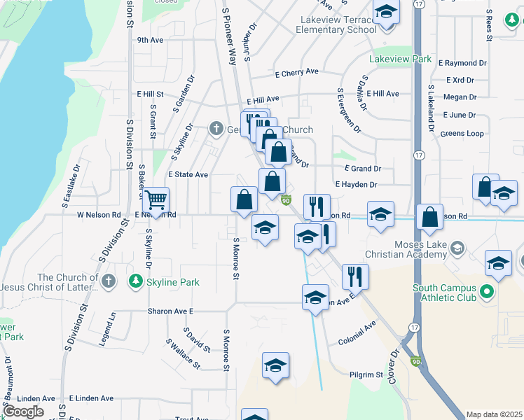 map of restaurants, bars, coffee shops, grocery stores, and more near 1200 Boyle Street in Moses Lake