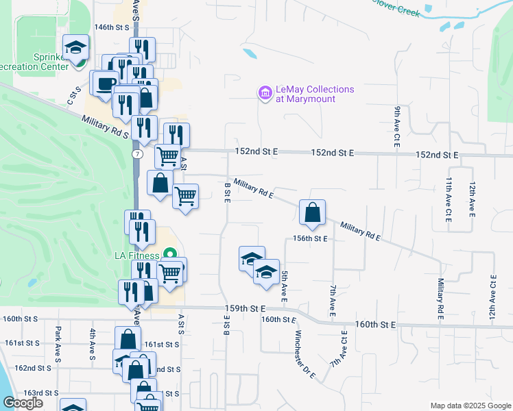 map of restaurants, bars, coffee shops, grocery stores, and more near 326 154th Street East in Tacoma