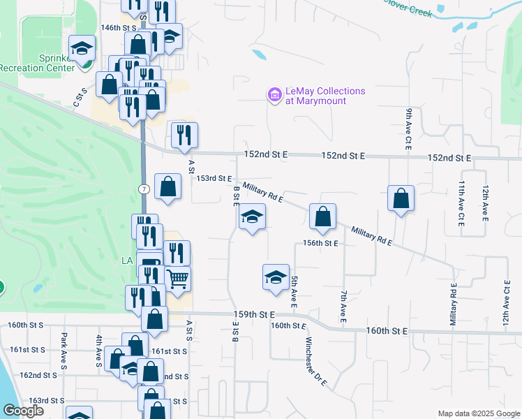 map of restaurants, bars, coffee shops, grocery stores, and more near 326 154th Street East in Tacoma