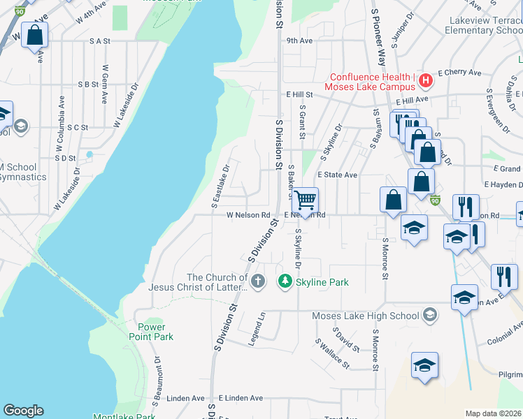 map of restaurants, bars, coffee shops, grocery stores, and more near 116 West Nelson Road in Moses Lake