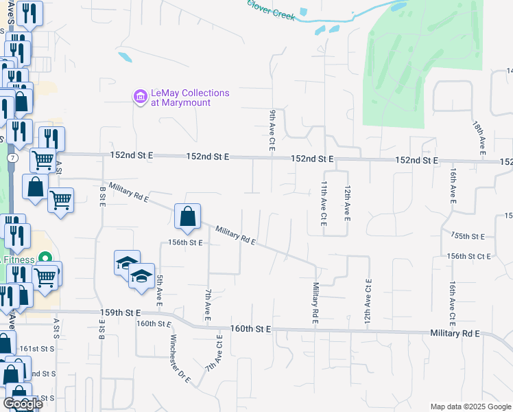 map of restaurants, bars, coffee shops, grocery stores, and more near 15408 9th Avenue East in Tacoma