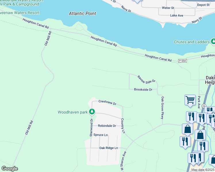 map of restaurants, bars, coffee shops, grocery stores, and more near 1513-1529 Brookside Drive in Houghton