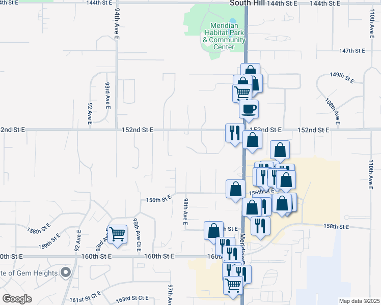map of restaurants, bars, coffee shops, grocery stores, and more near 9806 153rd Street Court East in Puyallup