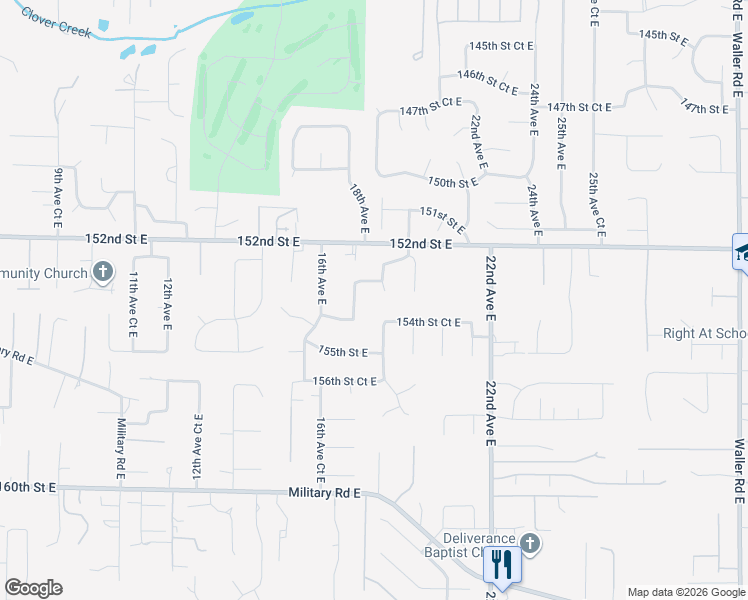 map of restaurants, bars, coffee shops, grocery stores, and more near 1819 154th Street Court East in Tacoma