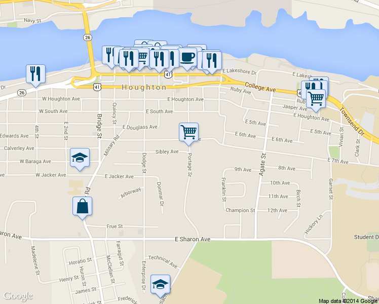 map of restaurants, bars, coffee shops, grocery stores, and more near 600 Portage Street in Houghton