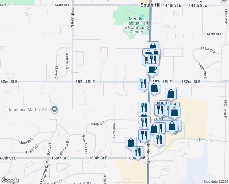 map of restaurants, bars, coffee shops, grocery stores, and more near 8113 153rd Street Court East in South Hill